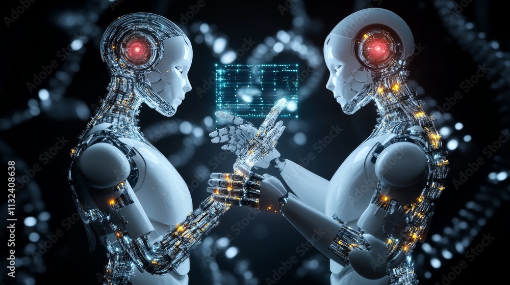 Poster futuristic robots interacting with holographic interface, artificial intelligence concept.