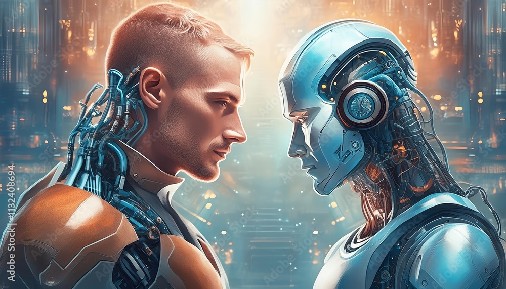 Poster robot vs human generative ai a futuristic showdown between advanced technology and human creativity,