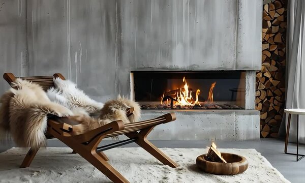 Salon scandinave hygge chaleureux avec fauteuil en bois et fourrure, feu cr&eacute;pitant dans chemin&eacute;e moderne, mur en b&eacute;ton brut et bois de chauffage, ambiance cosy et design nordique.
