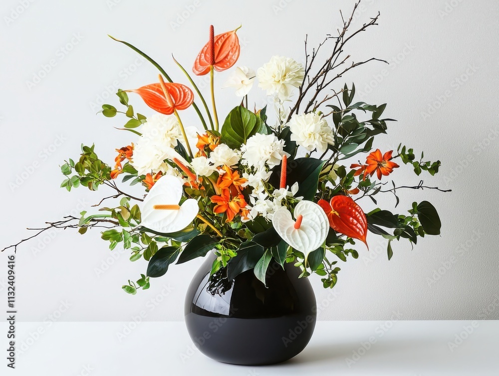 Poster creating a stunning arrangement of exotic anthuriums and bird of paradise flowers in a modern minima