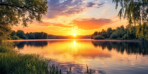 Obraz premium Scenic view of a stunning sunset over a tranquil lake, capturing the beauty of the sunset reflecting beautifully on the calm waters, showcasing the serene ambiance of the sunset over the lake.