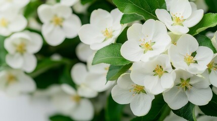 Obraz premium Beautiful close-up of white flowers with delicate petals and vibrant green leaves, perfect for conveying themes of nature, growth, and tranquility in various projects or designs.