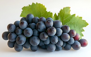 Close-up of a bunch of dark-purple grapes with green leaves on a white background.