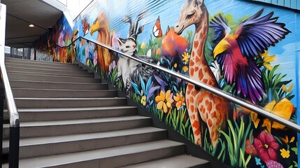 Vibrant Mural Staircase: A Whimsical Animal Kingdom