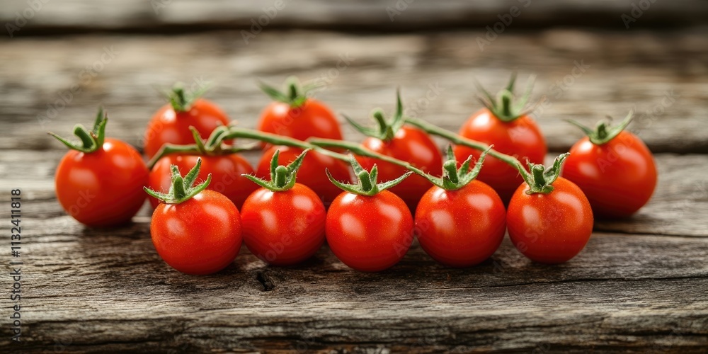 Poster fresh cherry tomatoes arranged in a cluster on a rustic wooden table create a vibrant and inviting d