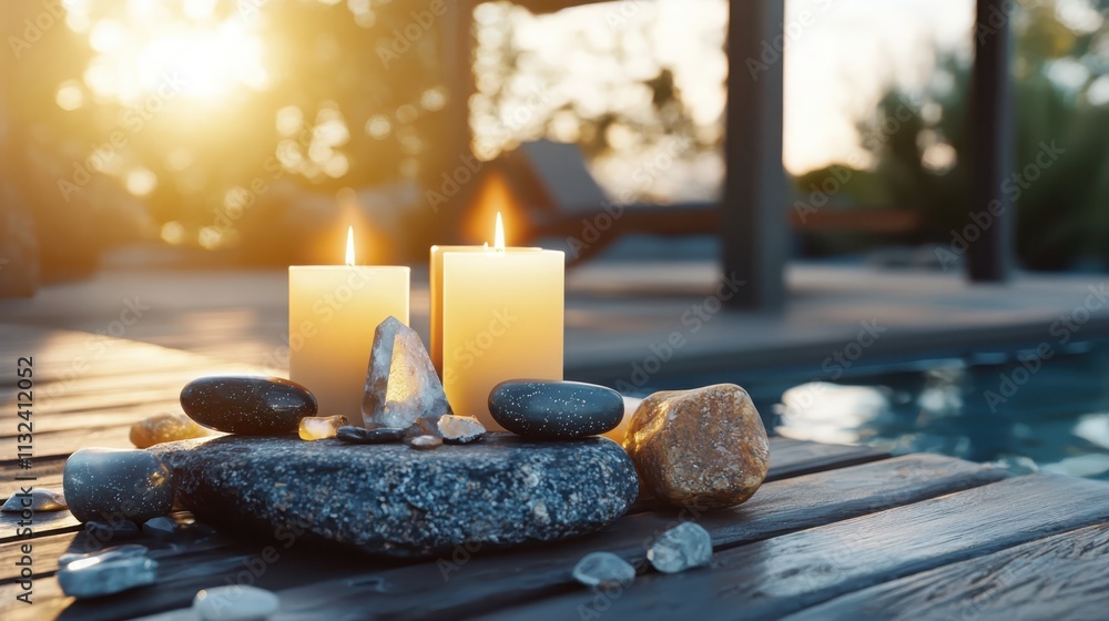 Poster creating a serene meditation setup with candles and crystals in a calming natural environment for mi