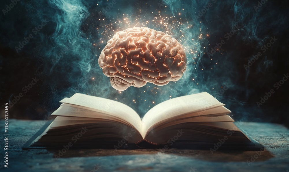 Aufkleber An open book with a glowing brain above, symbolizing knowledge and creativity.