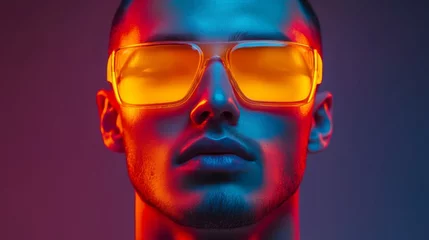 Futuristic portrait of a man in yellow glasses with neon colors © Andrii Savchuk