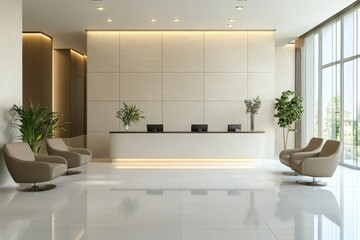 Reception area with white curved desk, wooden paneling, indoor plants, and cozy seating under soft lighting