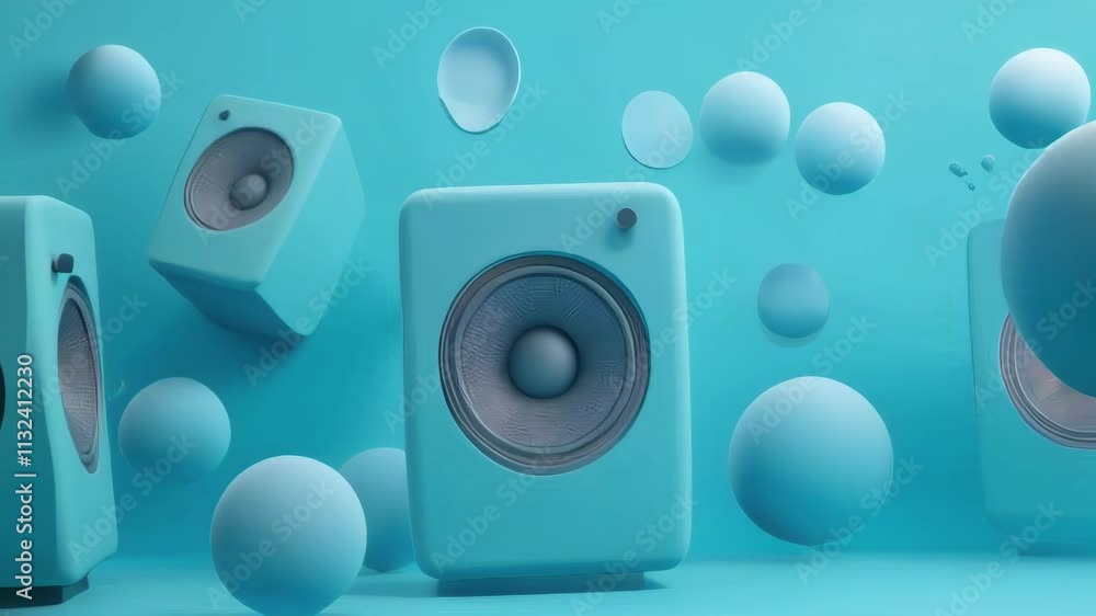 Poster blue speakers float against a matching backdrop with accompanying spheres, creating a modern and sty