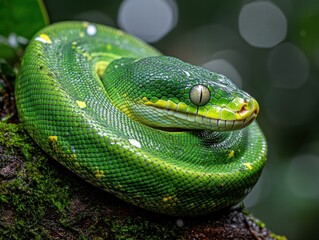 Fototapeta premium Serene green tree python on mossy branch in rainforest photography