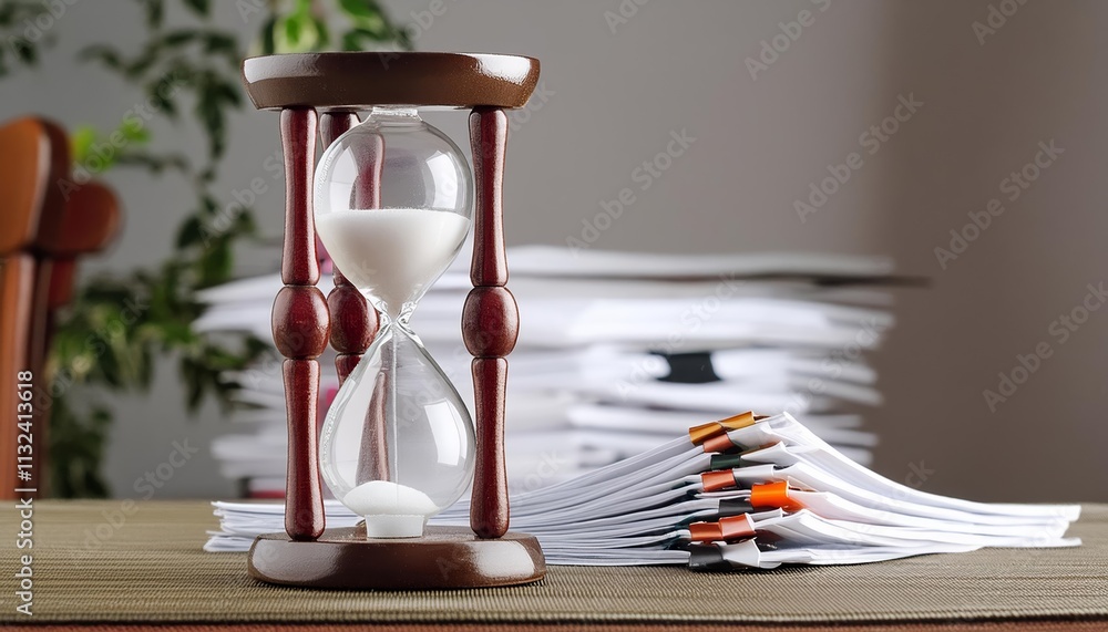 Poster elegant sand clock on table surrounded by a pile of pennies a timeless symbol of value and patience 