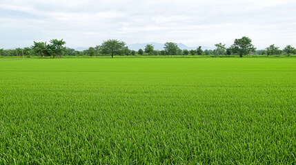 Fototapeta premium Serene Rice Paddy Field under a Cloudy Sky 