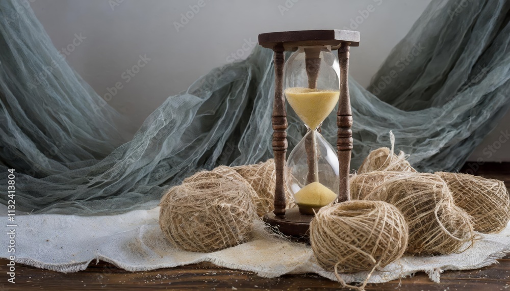 Poster elegant sand clock on table surrounded by a pile of pennies a timeless reflection of value, time, an