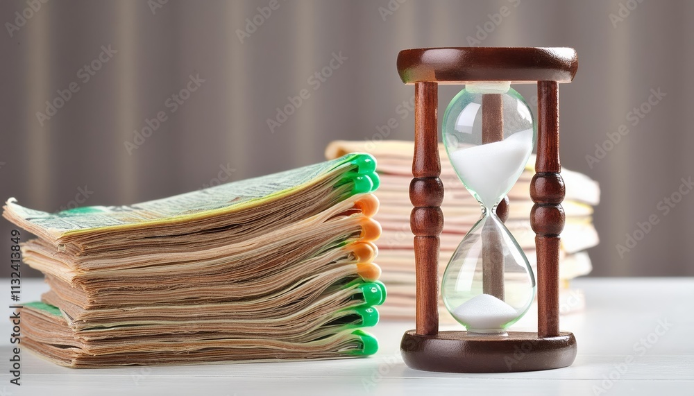 Poster elegant sand clock resting on a table beside a neat pile of pennets a captivating still life composi