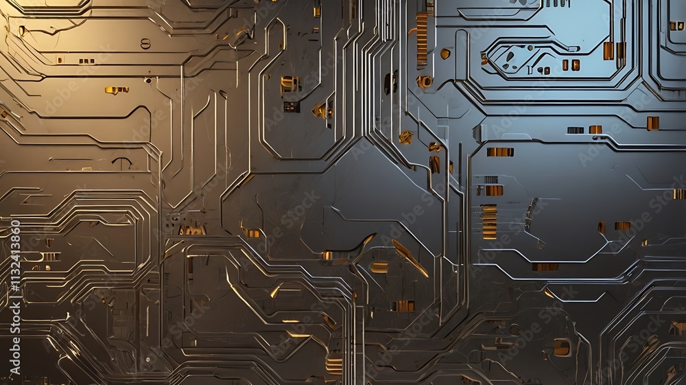 Poster abstract metallic circuit board design showing complex pathways