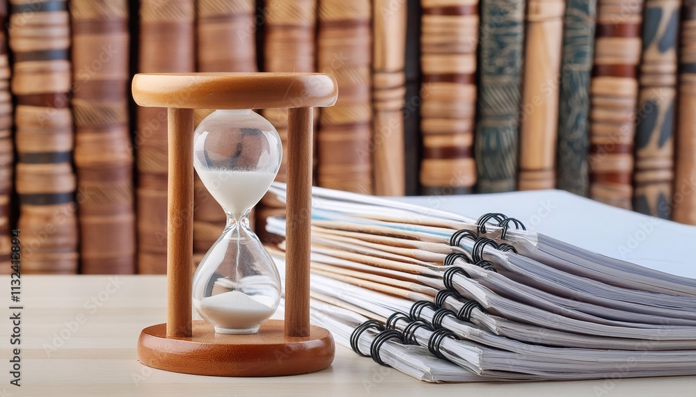 Poster a timeless sand clock elegantly positioned on a table beside a pile of pennies, capturing the essenc