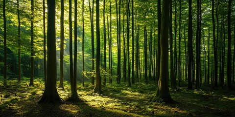 Obraz premium Breathtaking scenic view showcasing the beauty of a beech forest, with tall trees and lush greenery creating a serene atmosphere in this captivating beech forest landscape.