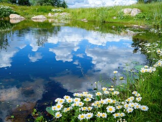 Arranging daisies and buttercups by a reflective pond nature scene tranquil landscape serene environment floral composition for relaxation