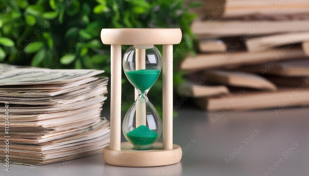 Aufkleber elegant sand clock on table beside a pile of pennies a timeless display of timekeeping and wealth ac