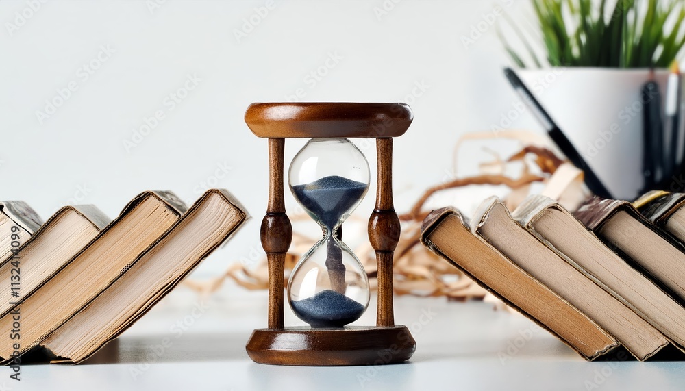 Aufkleber elegant sand clock resting on table beside a neatly stacked pile of pennets a captivating display of