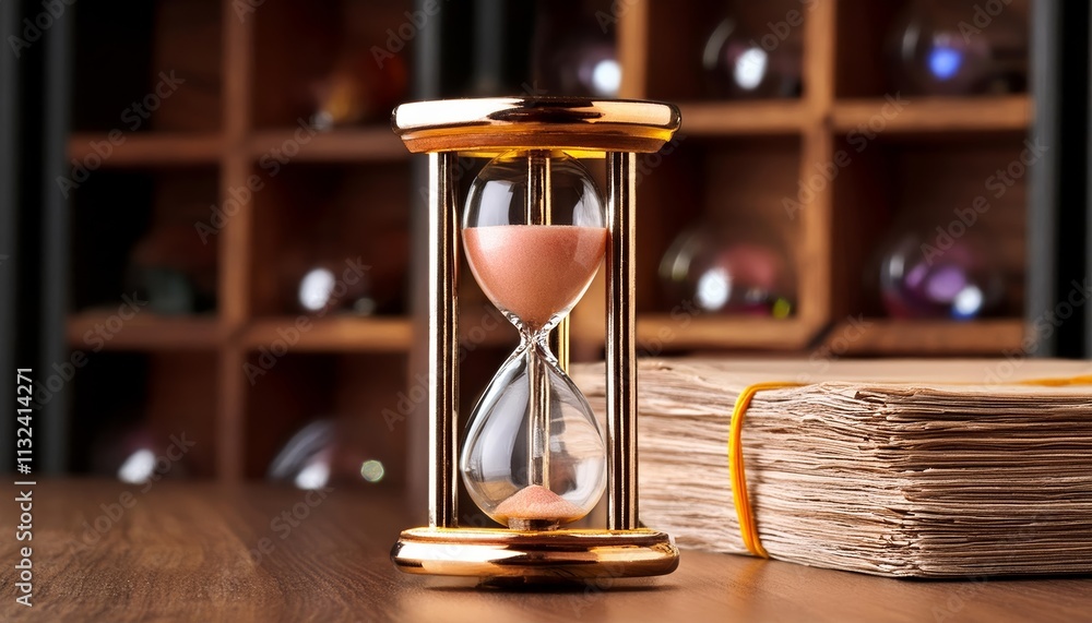 Aufkleber elegant sand clock on table beside a pile of pennies a captivating display of time and currency in a
