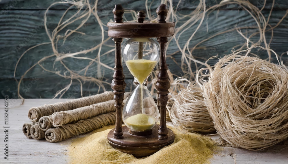 Poster elegant sand clock on a table beside a pile of pennies a captivating display of time and wealth