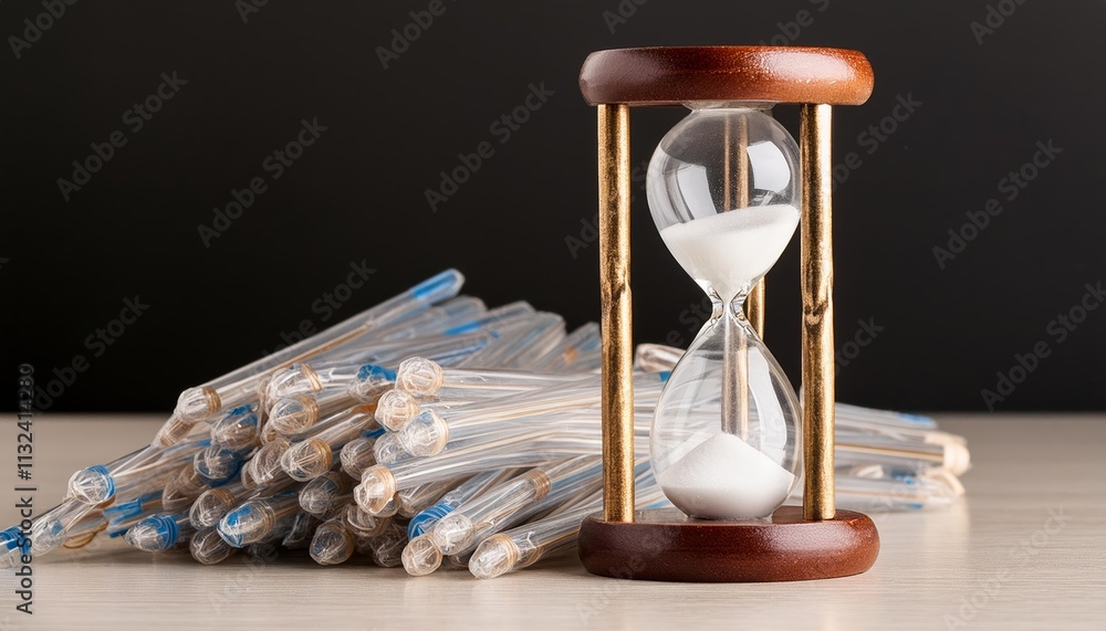 Aufkleber elegant sand clock on a wooden table beside a neatly stacked pile of pennies a timeless representati