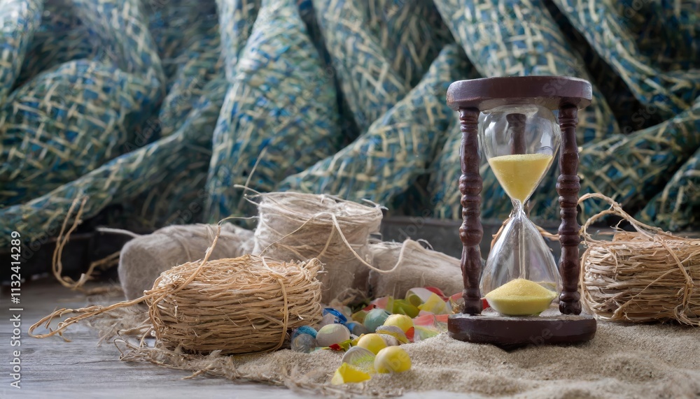 Aufkleber elegant sand clock on table surrounded by pile of pennies, capturing the essence of time and wealth 
