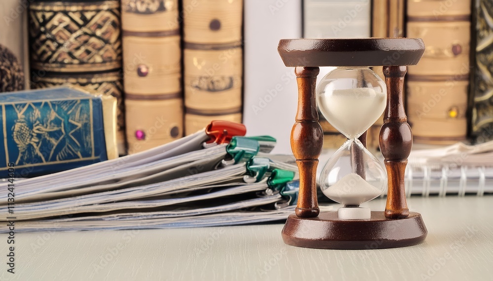 Poster elegant sand clock on a table surrounded by a pile of pennies a timeless symbol of patience and valu