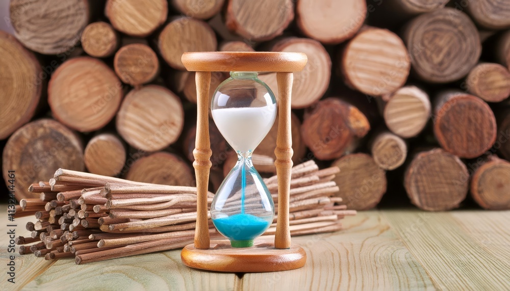 Poster a timeless moment elegant sand clock on table surrounded by a pile of pennies, capturing the essence