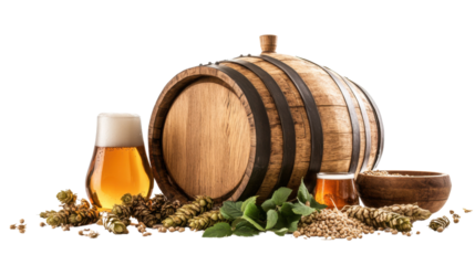 A wooden beer fermenting barrel surrounded by barley, hops, and malt, all isolated on transparent background
