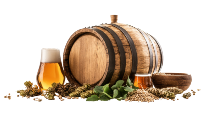 A wooden beer fermenting barrel surrounded by barley, hops, and malt, all isolated on transparent background - Powered by Adobe