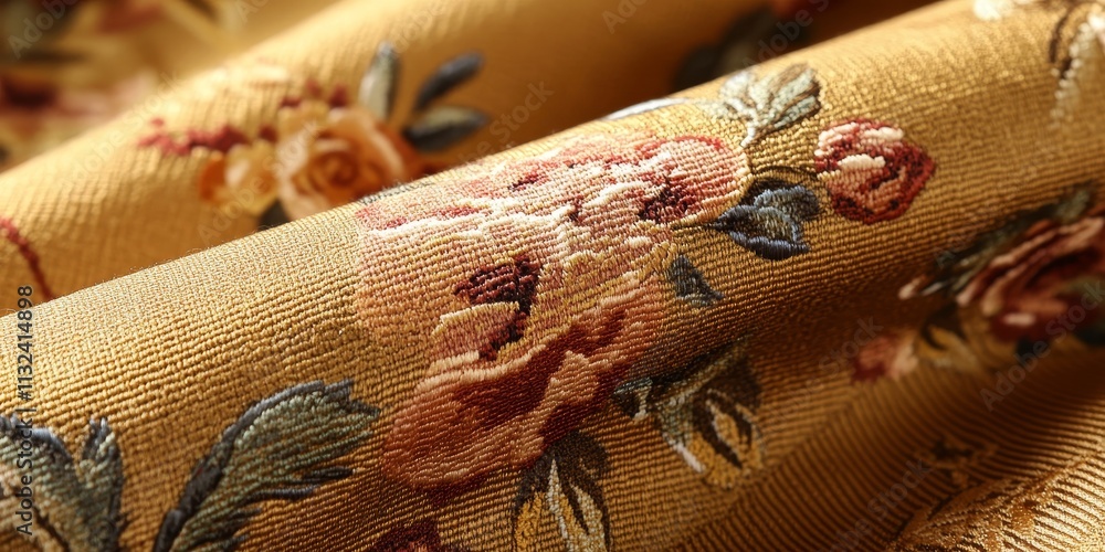 Poster tweed cotton fabric in golden brown features a lovely floral pattern, creating a rich texture and ba