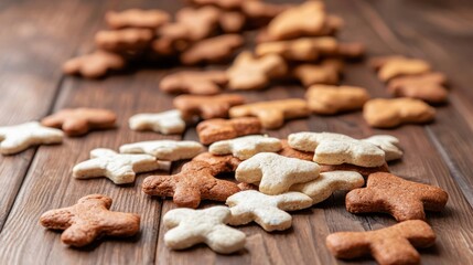 Fototapeta premium Freshly baked dog treats arranged neatly on a wooden table in natural light