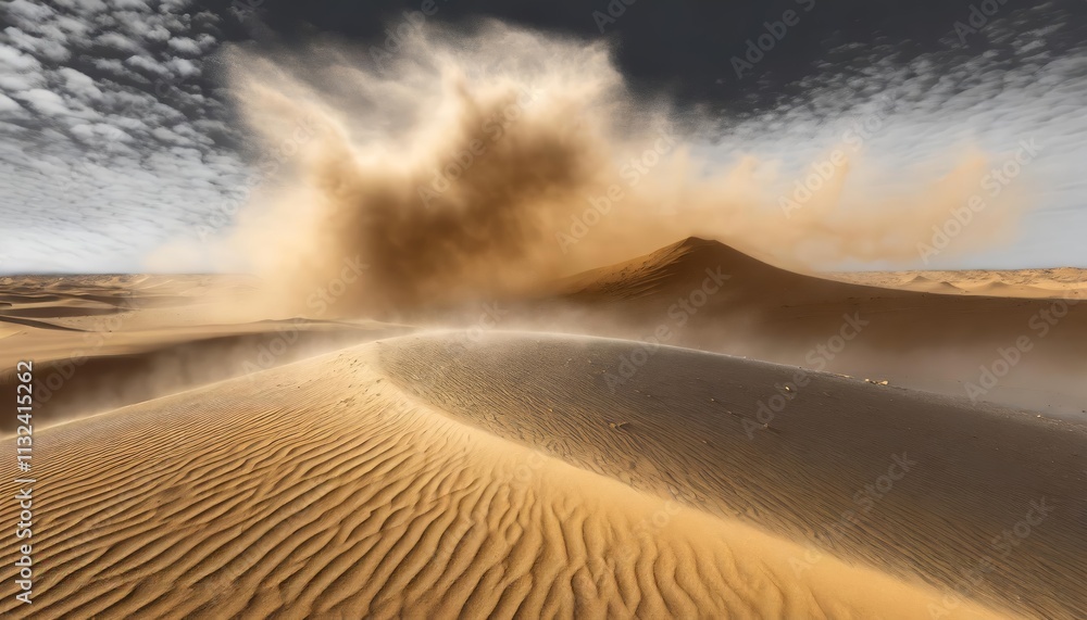 Poster stunning sandstorm dust clouds over isolated desert landscape a generative ai creation capturing the