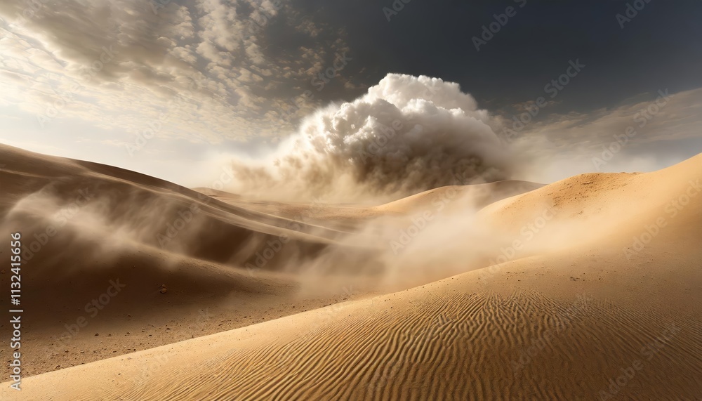 Poster captivating sandstorm dust clouds over isolated desert landscape a generative ai creation showcasing