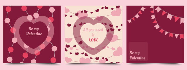 Cute love cover background collection. Hand drawn hearts and garlands. Happy Valentines Day cards set. Square Vector greeting card for beloved.