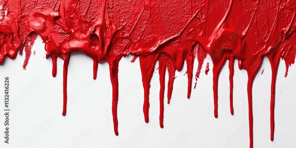 Aufkleber close up of red paint dripping and pooling on a white background, showcasing the vibrant red paint i