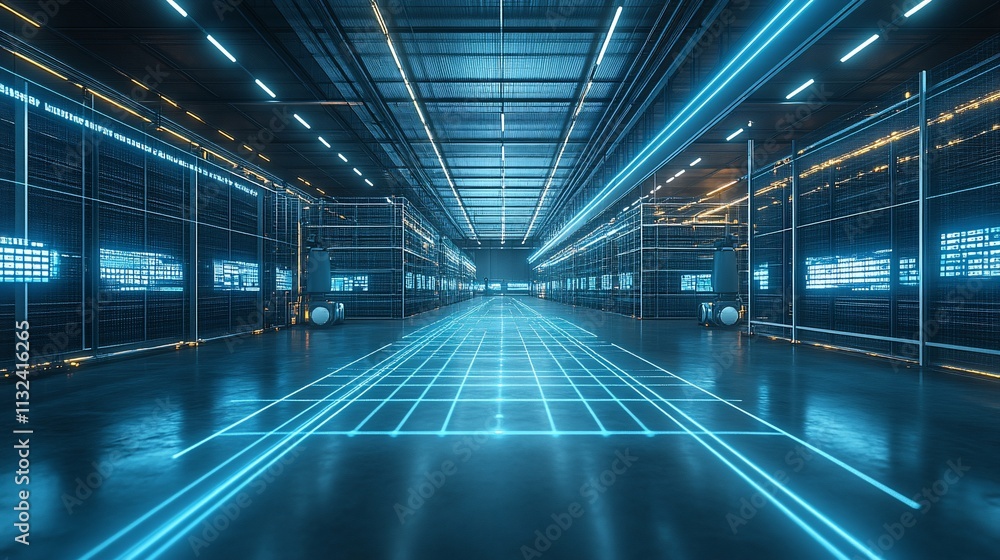 Poster Futuristic warehouse with glowing grid lines and digital interfaces.
