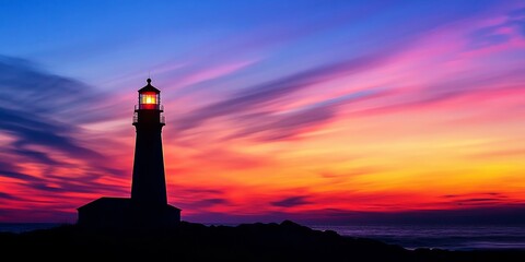 Silhouette of a lighthouse standing as a beacon during sunset, casting dramatic shadows and creating a captivating scene with the lighthouse against the vibrant colors of the sky.