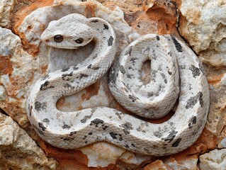 Naklejka premium Speckled rattlesnake basking on boulder in desert wildlife photography
