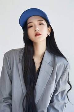 beautiful asain korean model wearing blue hat and gray suit