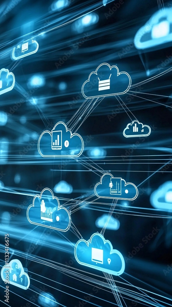Poster cloud icons interconnected with vibrant data streams in a digital environment