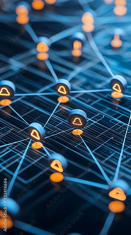 Poster cloud icons interconnected with vibrant data streams in a digital environment