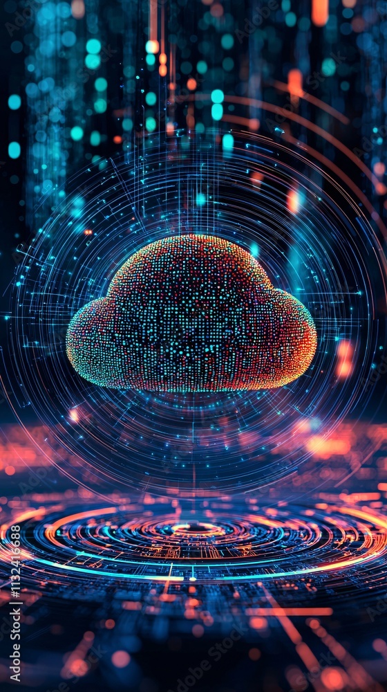 Poster cloud icons interconnected with vibrant data streams in a digital environment