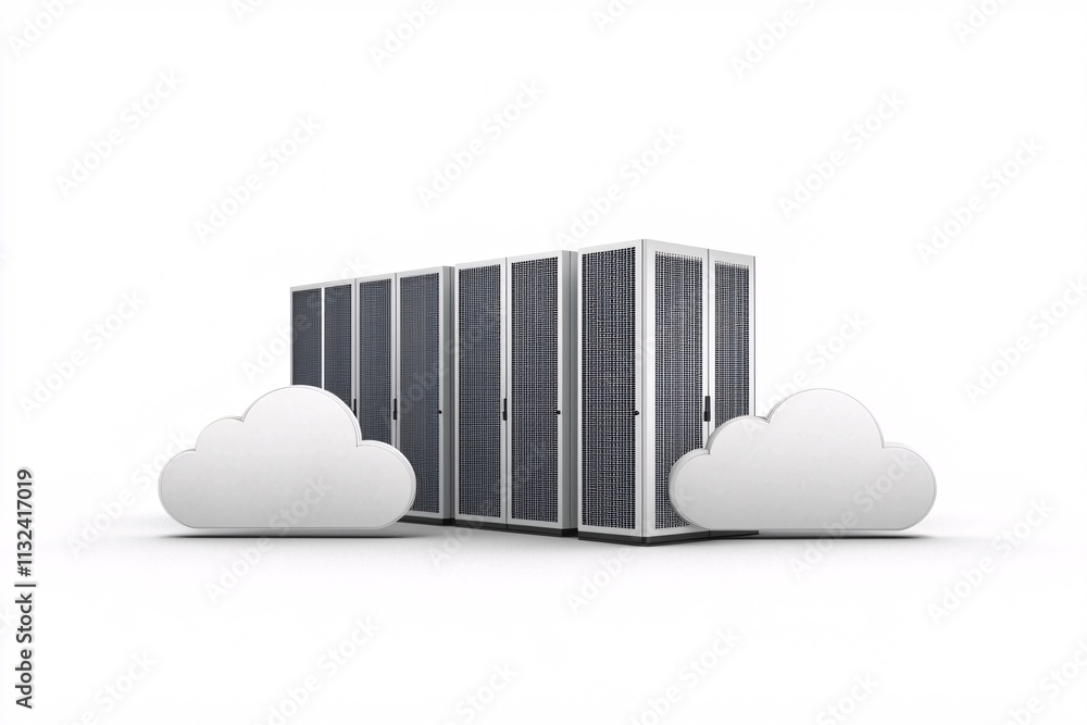 Poster a concept of cloud computing with server racks and dynamic connections
