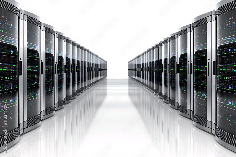 Poster a concept of cloud computing with server racks and dynamic connections