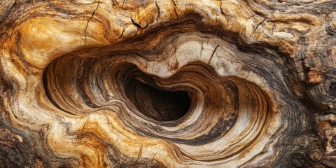 Close up of a tree trunk that resembles a cave, showcasing intricate textures and patterns, evoking the illusion of depth and natural beauty in the tree trunk structure.