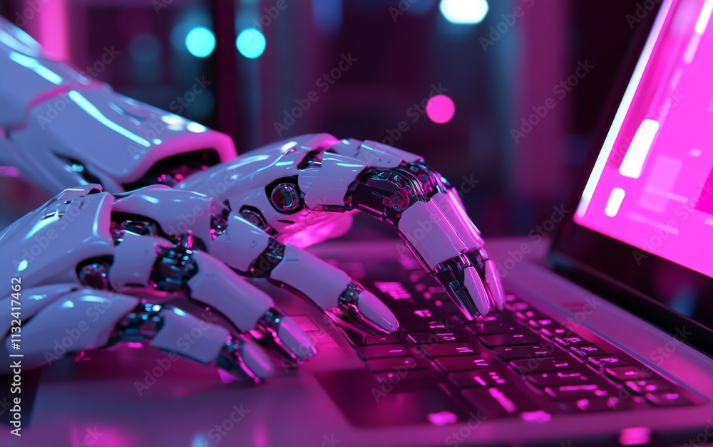 Poster a robot is typing on a keyboard with pink lighting